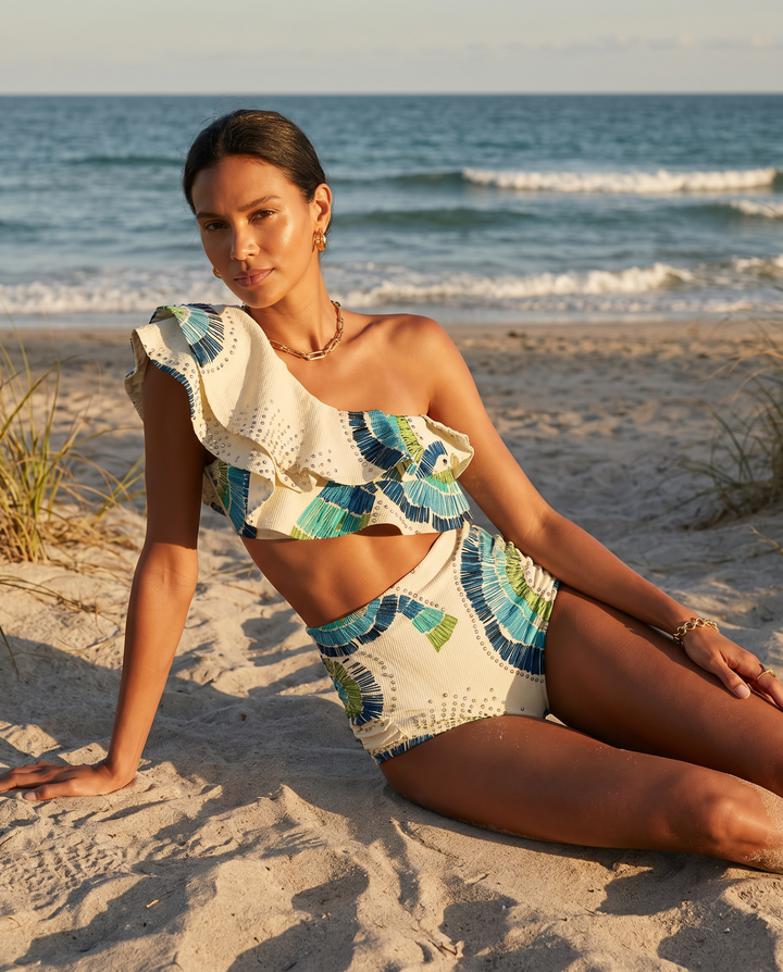 White one-shoulder high-waist bikini set for women with elegant embellishments, ideal resort & beachwear.