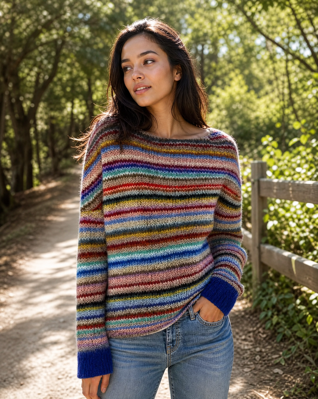 Cozy women's striped knitwear, a playful retro top with vibrant stripes for casual winter wear.