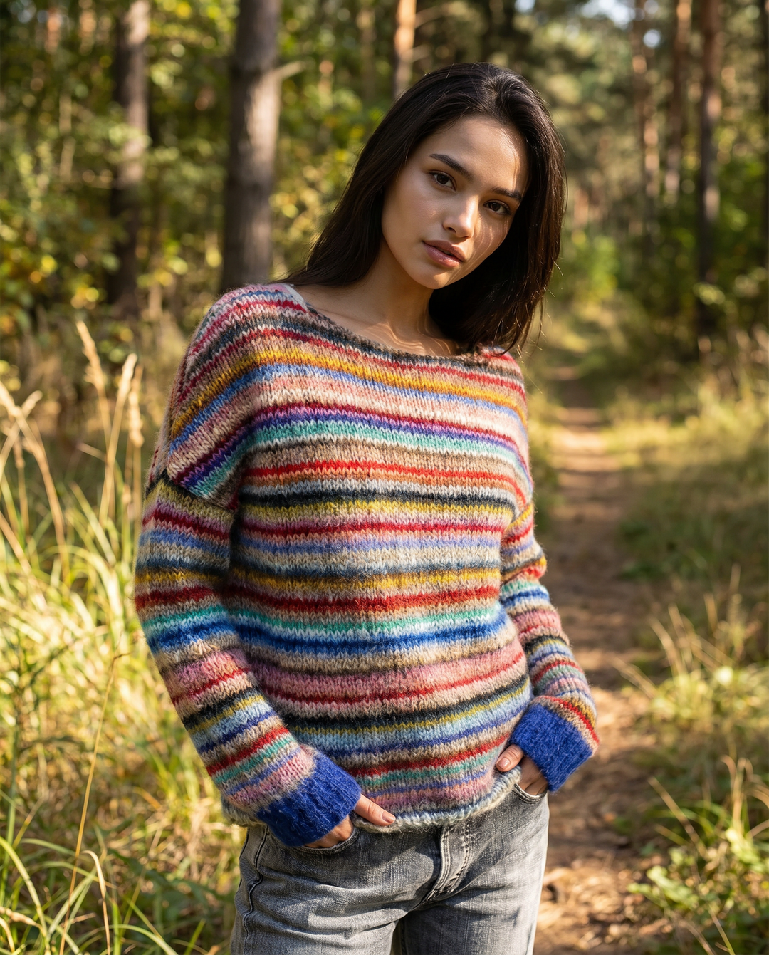 Comfortable women's long-sleeve striped sweater in retro style, perfect for casual layering.