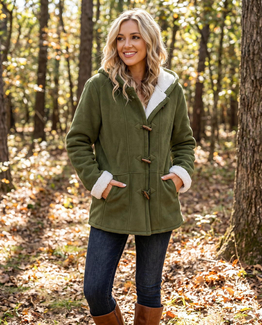 Cozy women's winter jacket. Hooded outerwear featuring stylish toggle front, perfect for chilly days.