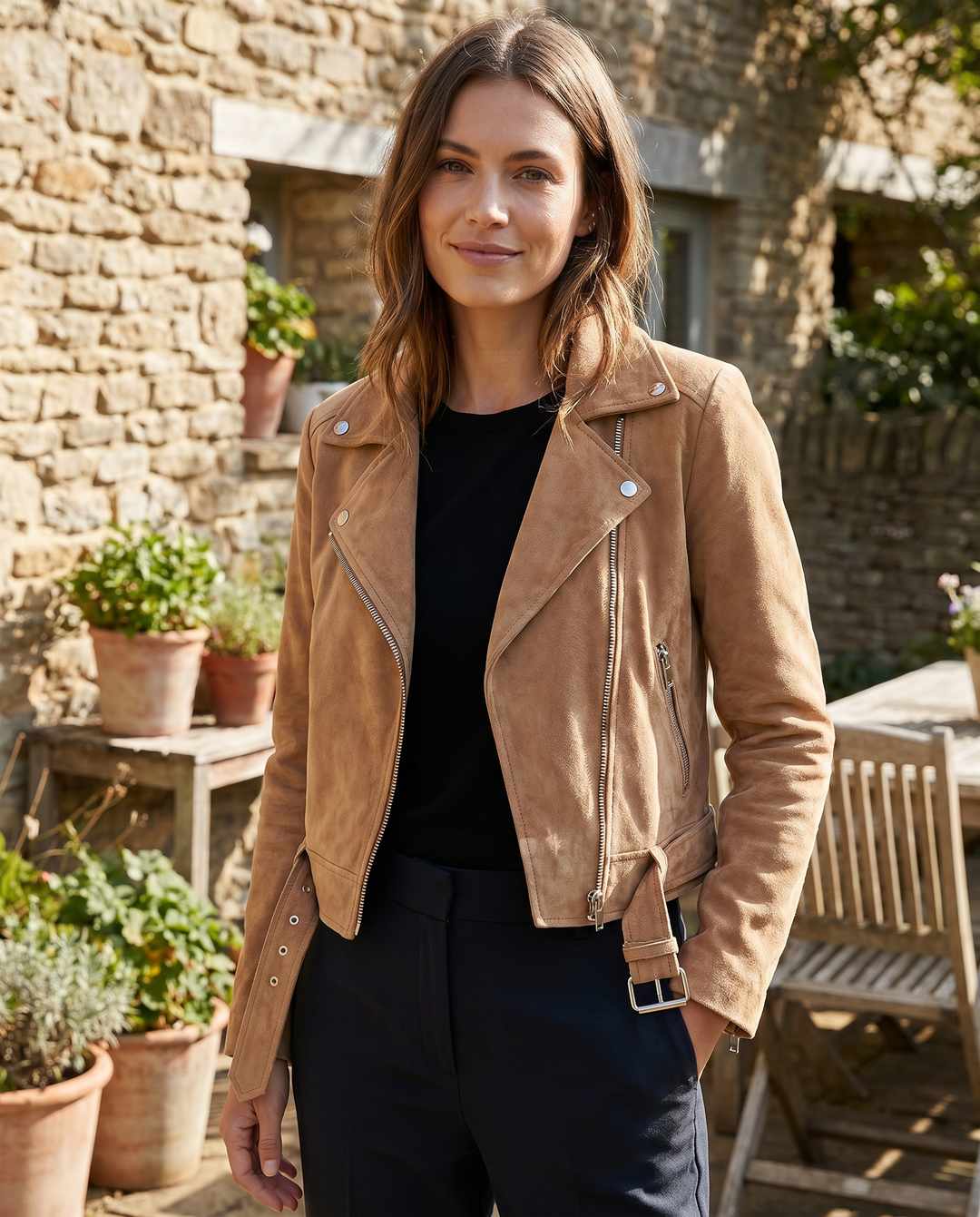 Chic women's slim fit biker jacket with asymmetric zip, ideal for modern casual and edgy outfits.