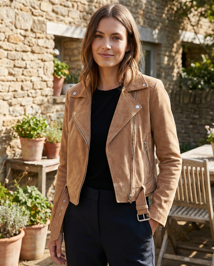 Chic women's slim fit biker jacket with asymmetric zip, ideal for modern casual and edgy outfits.