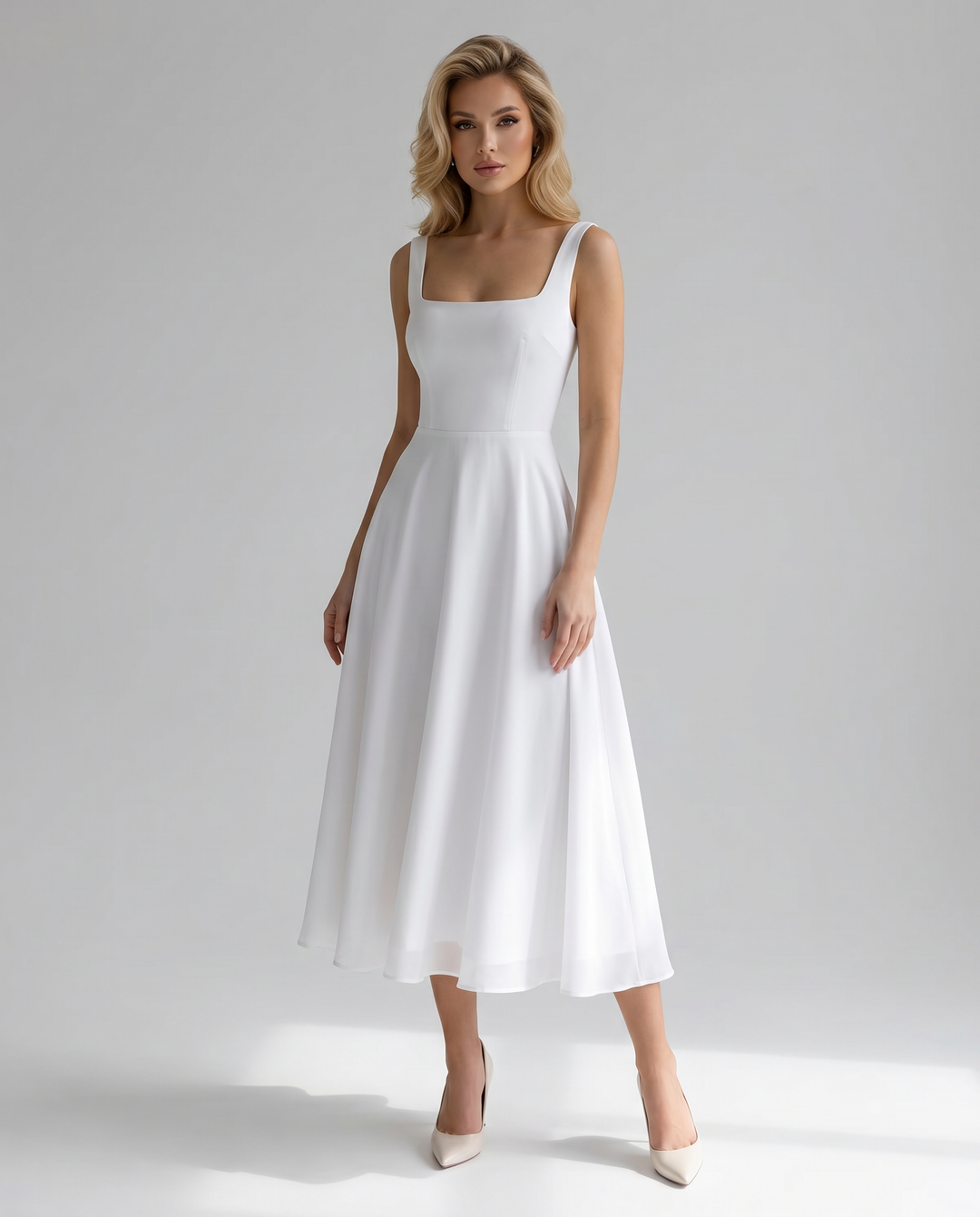 Women's A-line midi dress, versatile for day-to-night wear; an elegant summer staple for any occasion.