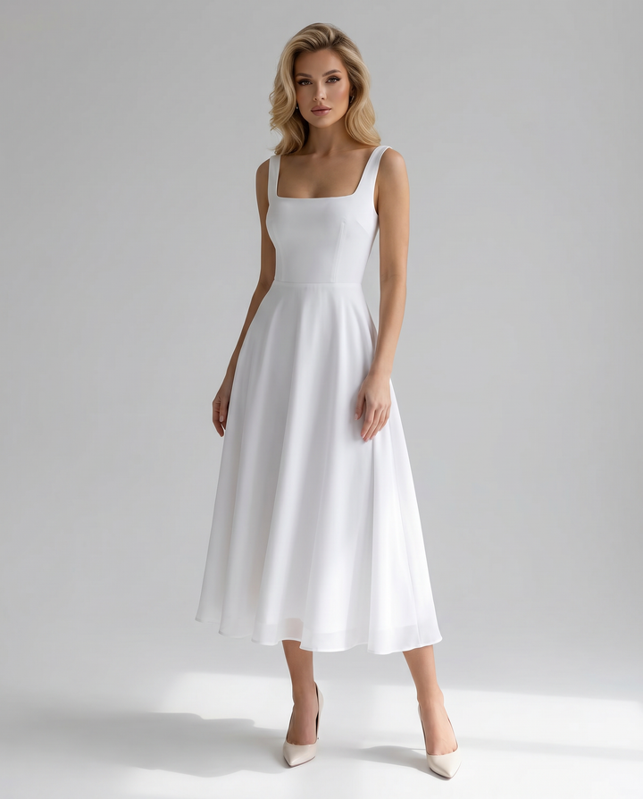 Women's A-line midi dress, versatile for day-to-night wear; an elegant summer staple for any occasion.