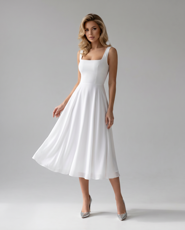 Elegant women's A-line midi dress, perfect for summer parties or weddings, featuring a classic, versatile style.