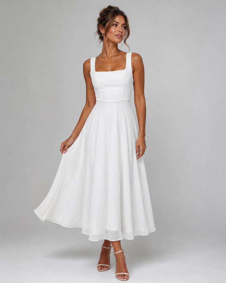 Lightweight summer A-line midi dress for women, offering elegant style and comfort for warm-weather events.
