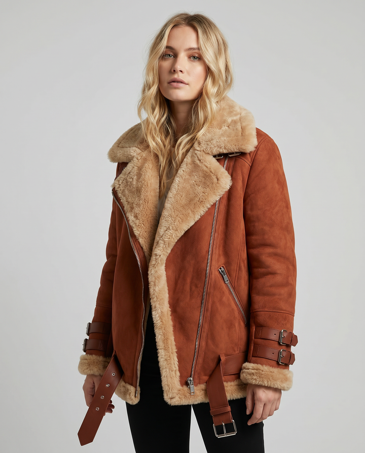 Stylish women's winter jacket, cozy & warm, featuring a belt and practical pockets.
