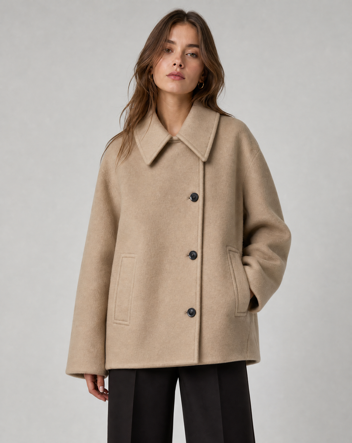 Stylish women's short coat jacket in a classic design, perfect elegant fall outerwear.