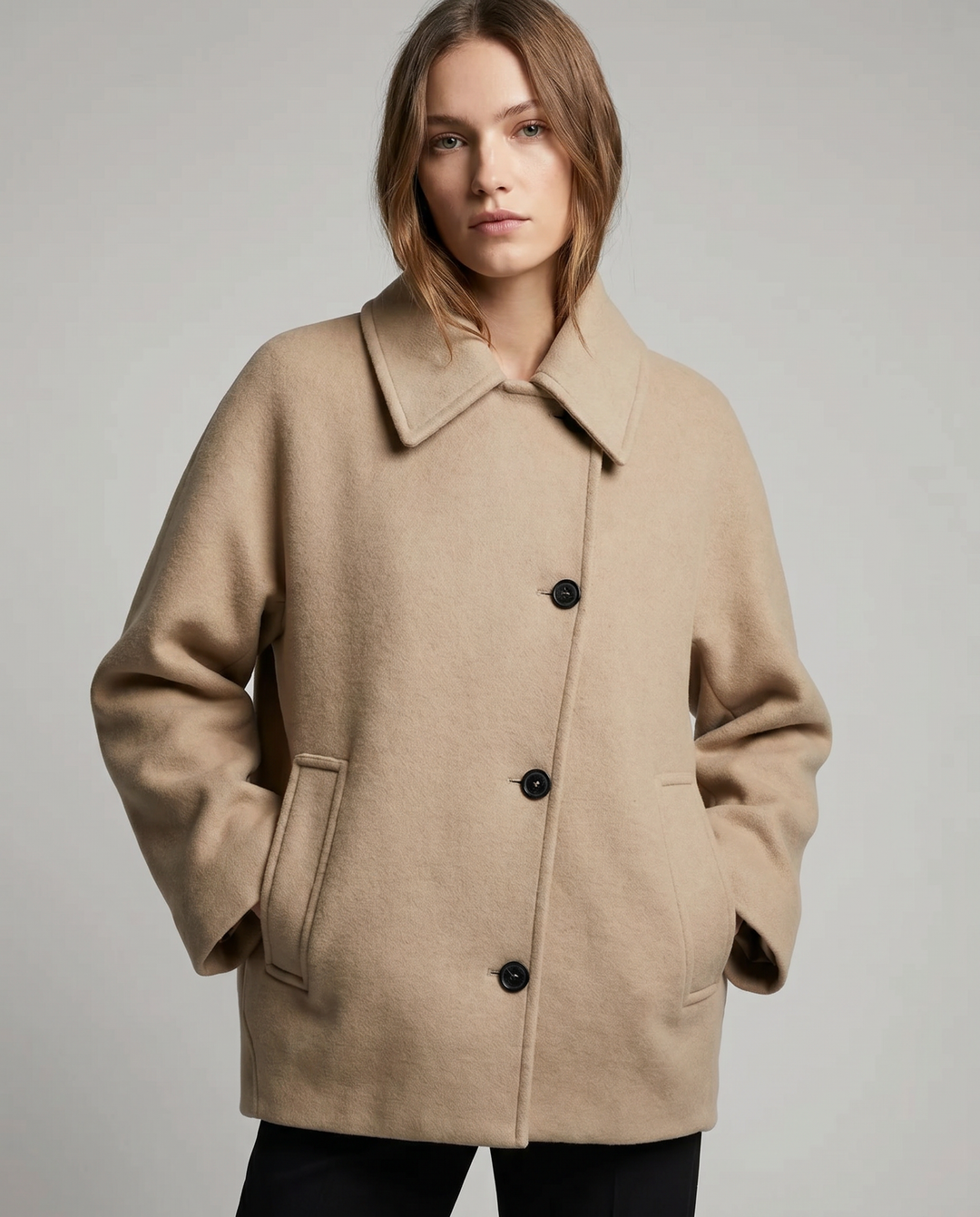 Elegant women's short coat jacket, perfect for chic fall fashion outerwear.