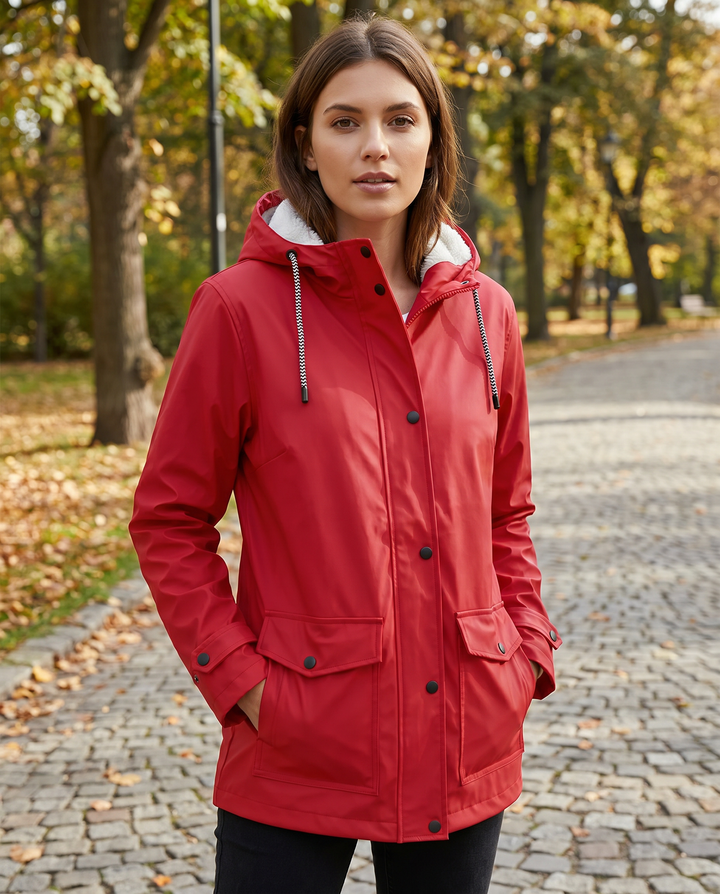 Stylish women's hooded winter jacket, fleece-lined, offering windproof and water-resistant outerwear for ladies.