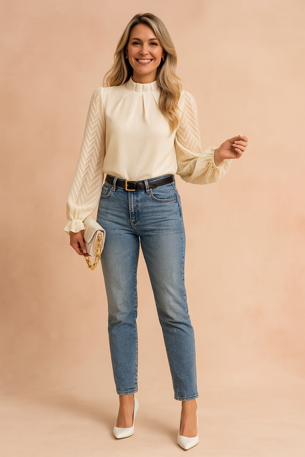 Sophisticated women's blouse featuring sheer long sleeves & elegant pleated high neckline. Great for office to party.