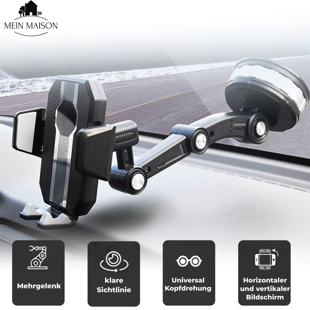 One-handed universal car phone mount for dashboard or windshield with secure suction.