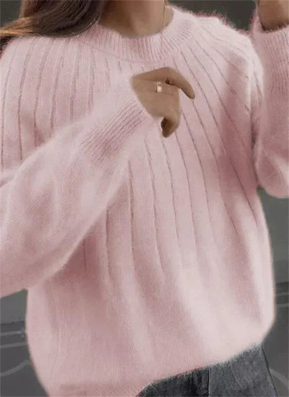 Stylish women's knit pullover sweater. Soft, comfortable long-sleeve top for elegant casual chic fall & winter wear.