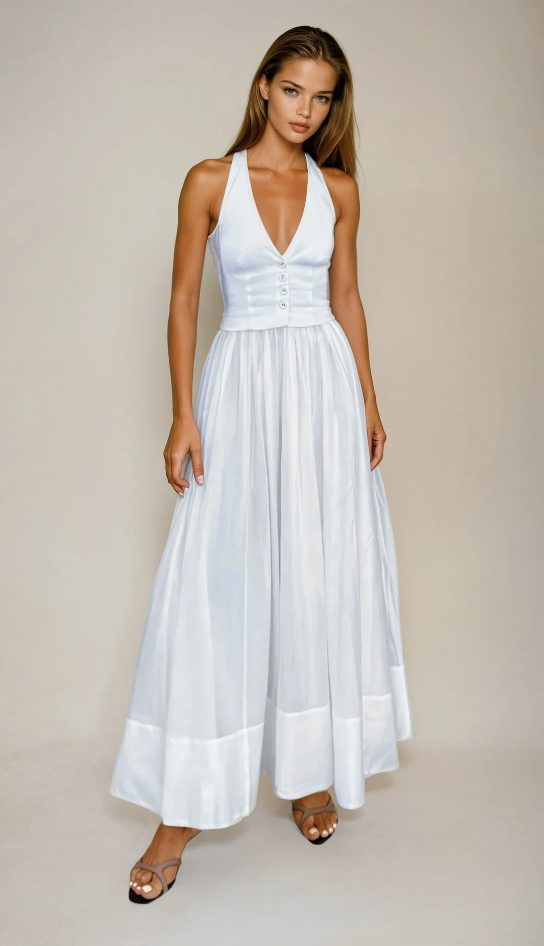 Elegant white maxi summer party dress for women, featuring a flowing silhouette and v-neck. Perfect for special occasions.