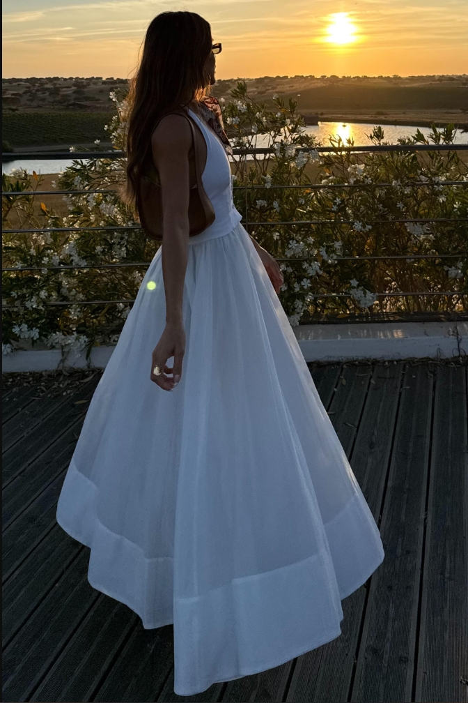 Chic white maxi summer dress for women. Elegant party wear with a comfortable, flowing fit and flattering v-neck design.