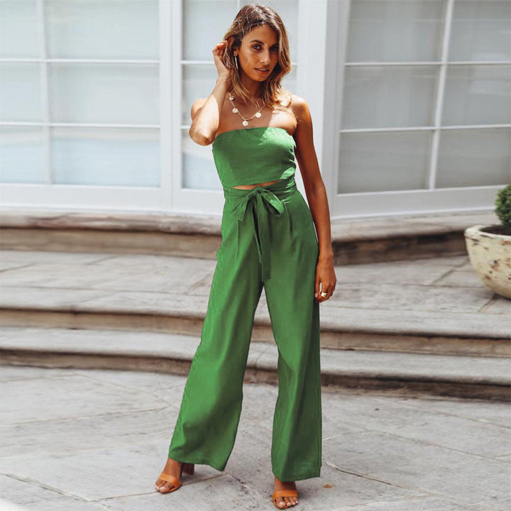 Women's Strapless Wide Leg Jumpsuit Tie Waist