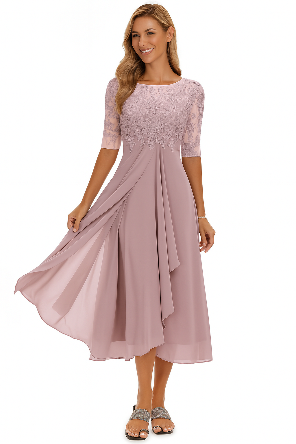 Comfortable women's A-line midi dress with 3/4 sleeves, ideal for casual summer days & everyday.
