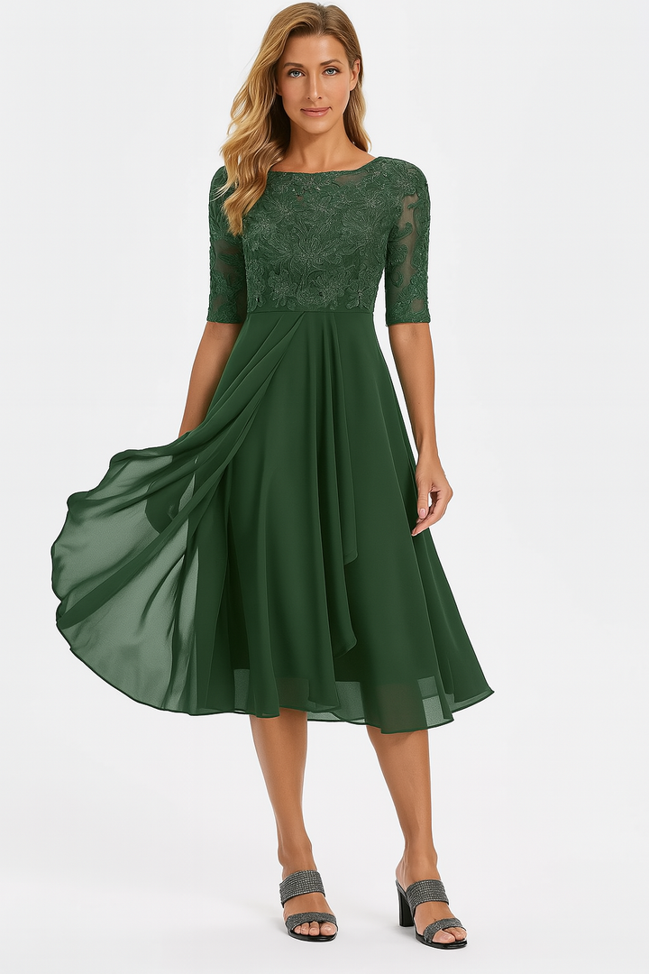 Versatile women's A-line midi dress, flattering flowy silhouette & three-quarter sleeves.
