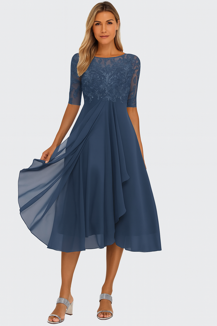 Women's midi dress, A-line cut, three-quarter sleeves. Versatile, flowy, comfortable style.