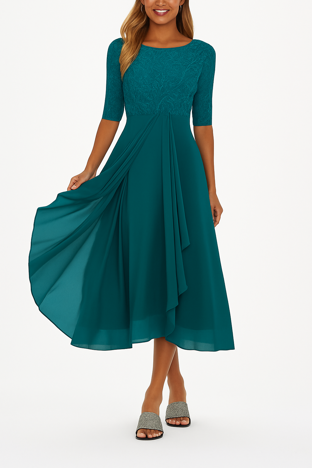Comfortable women's flowy A-line midi dress with three-quarter sleeves, ideal for daily wear.