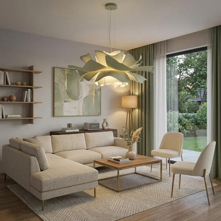 Sleek Nordic lotus chandelier, acrylic petals, offering modern accent lighting.