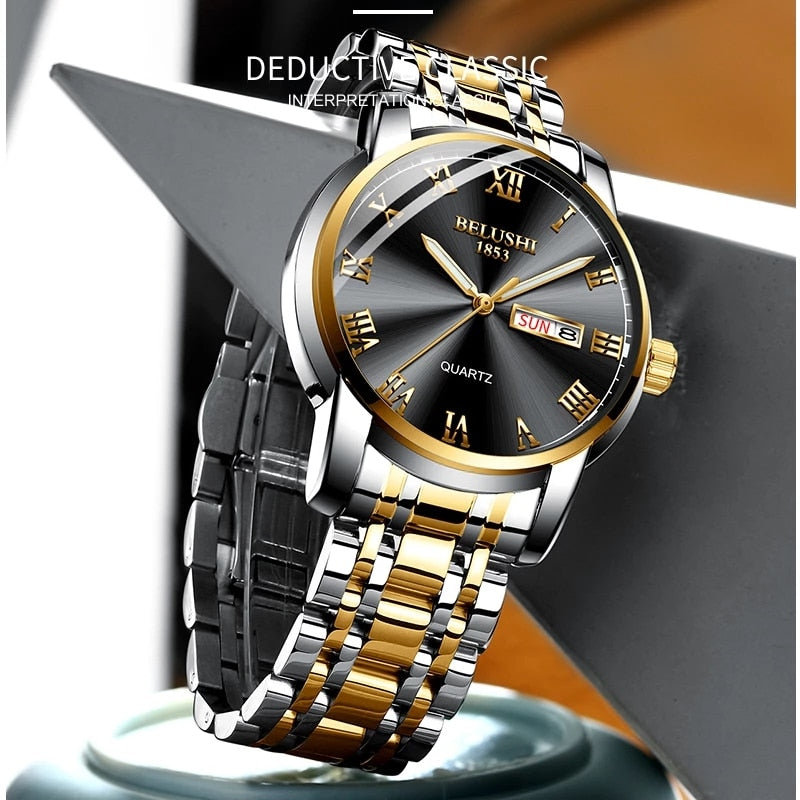 Sophisticated men's stainless steel watch. Luminous, calendar, waterproof. Elegant men's accessory.
