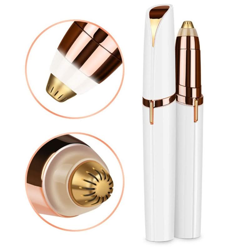 Portable brow shaper & facial hair remover in hand. Discreet, compact women's grooming tool, perfect for travel.