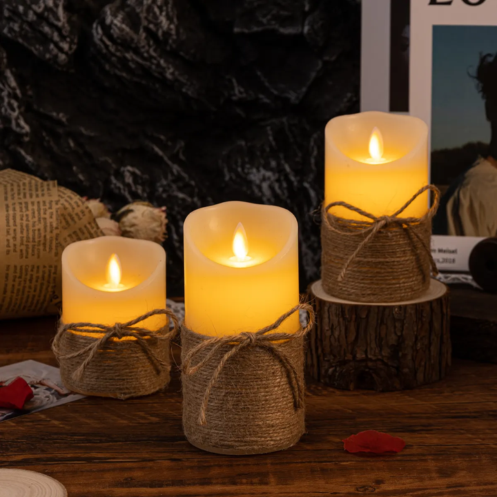 Safe flameless LED candles set with remote and timer, ideal for decorative tabletop display.