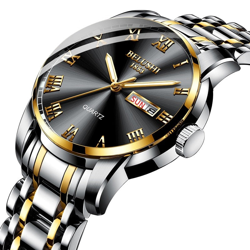 Durable men's stainless steel watch. Classic design with calendar & luminous hands. Waterproof analog.