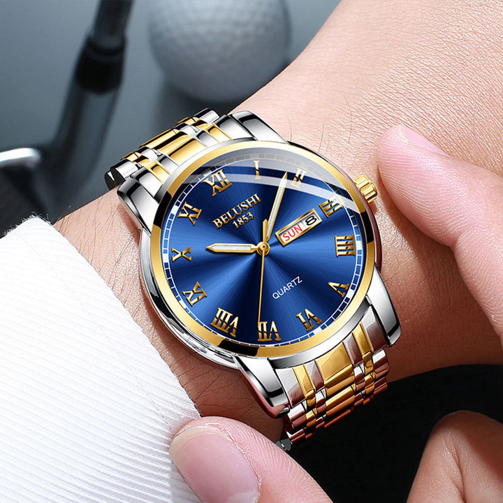 Men's watch with luminous dial & calendar. Stainless steel band. Classic waterproof analog design.