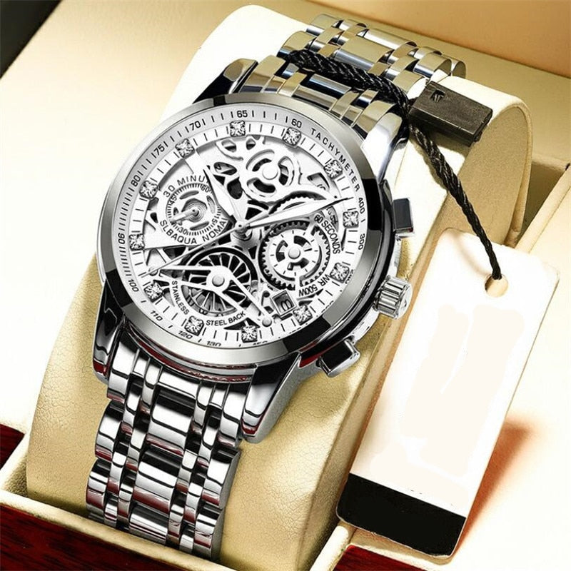 Men's automatic skeleton watch with transparent dial, showing intricate mechanical movement. Luxury timepiece.
