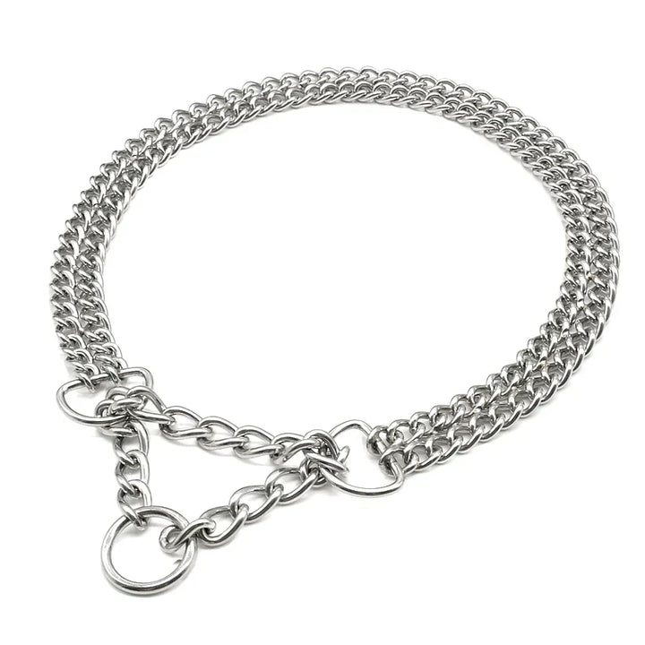 Robust stainless steel dog collar for large breeds; a strong training aid for walking your pet.