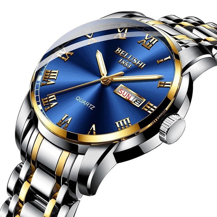 Men's luminous stainless steel calendar watch. Classic analog display, waterproof & durable.