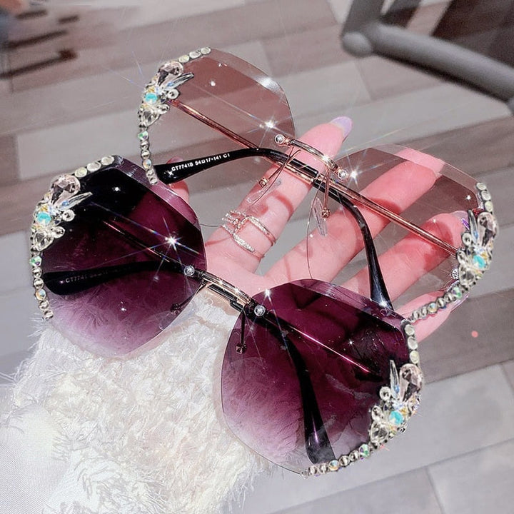Vintage style rimless rhinestone sunglasses for women, gold frame, UV protection.