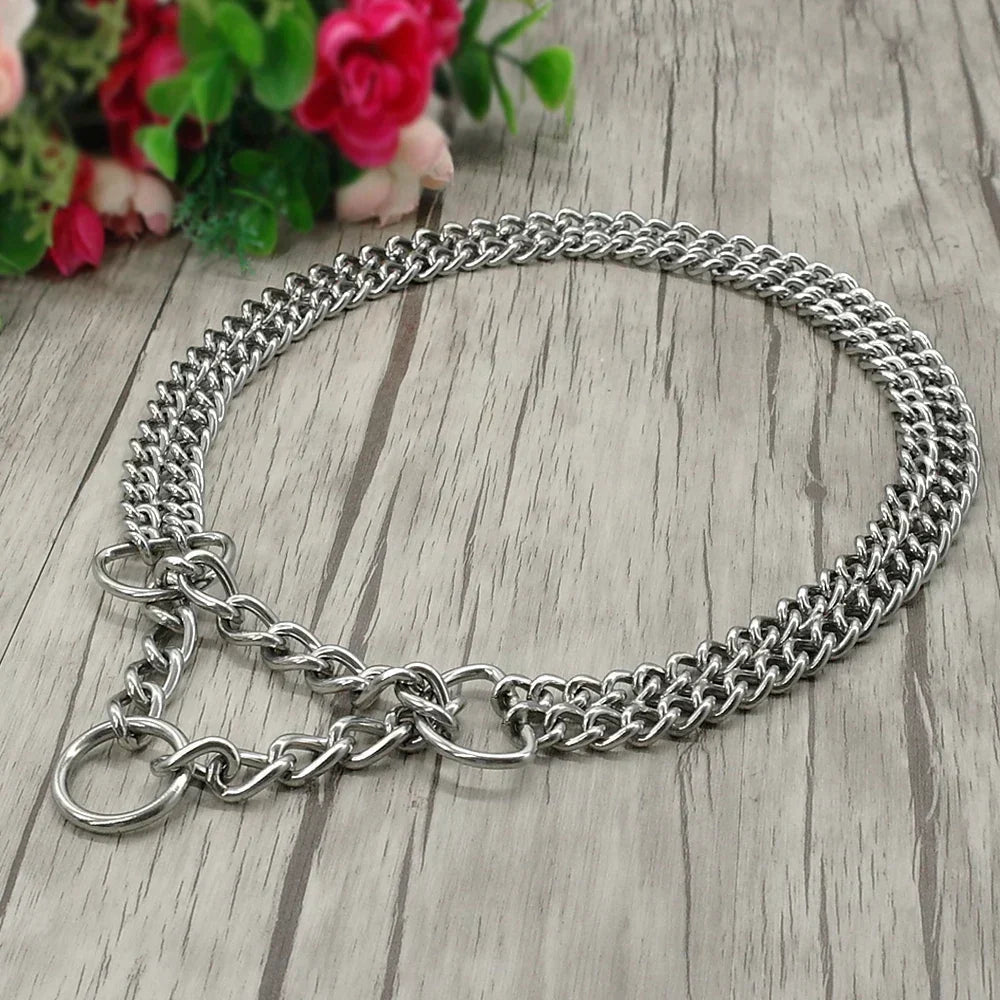 Heavy-duty stainless steel dog training collar for large breeds, effective walking aid for strong dogs.