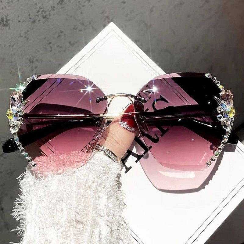Chic square rimless rhinestone sunglasses for women, gold frame, gradient lenses.