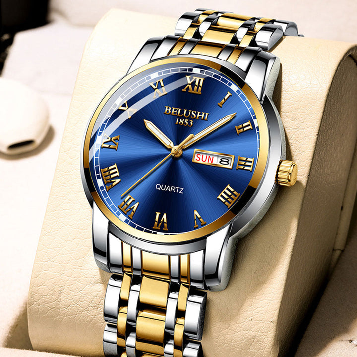 Elegant men's stainless steel watch. Durable, waterproof, classic calendar timepiece with luminous dial.