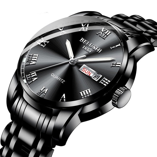 Close-up: Men's luminous stainless steel calendar watch face. Analog display with date function.