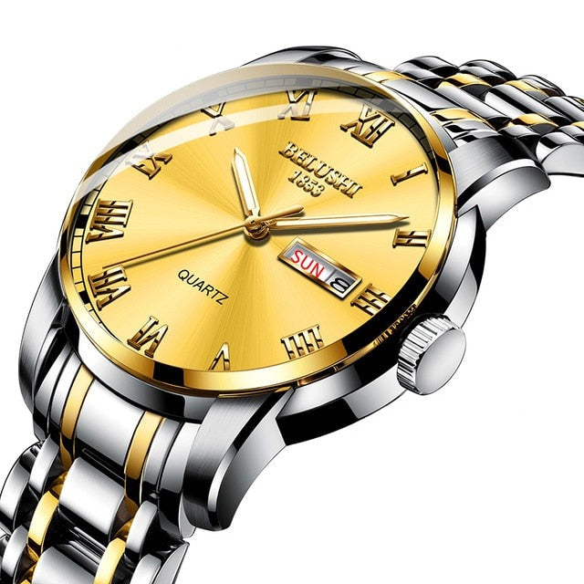 Luminous men's analog watch. Stainless steel band, calendar function. Classic waterproof men's timepiece.