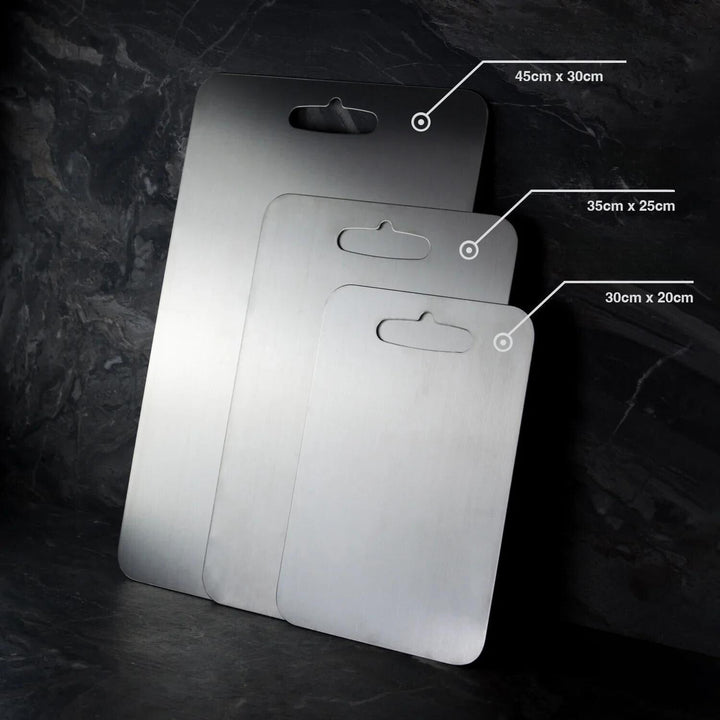 Sleek titanium cutting board for hygienic food prep. BPA & microplastic free, durable, scratch-resistant, easy to clean.