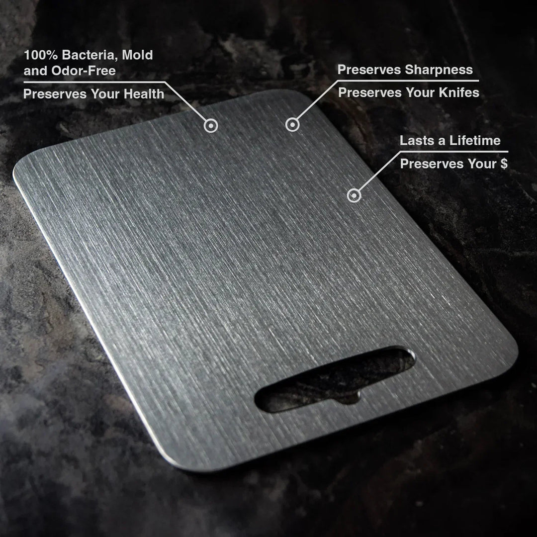 Durable titanium cutting board for chefs & home kitchens. Hygienic, scratch-resistant, BPA-free, easy clean food prep.