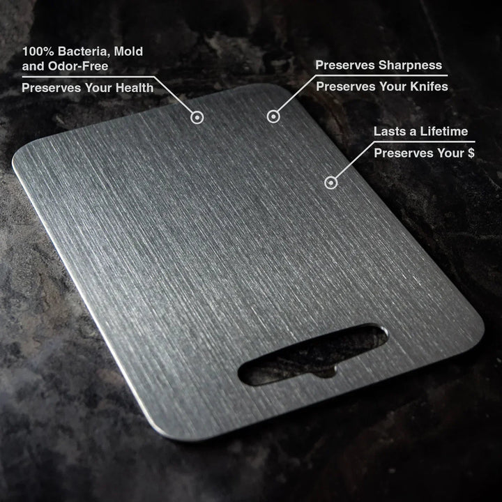 Durable titanium cutting board for chefs & home kitchens. Hygienic, scratch-resistant, BPA-free, easy clean food prep.