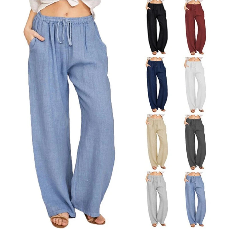 Comfortable women's wide-leg drawstring pants, perfect for casual summer & fall fashion.