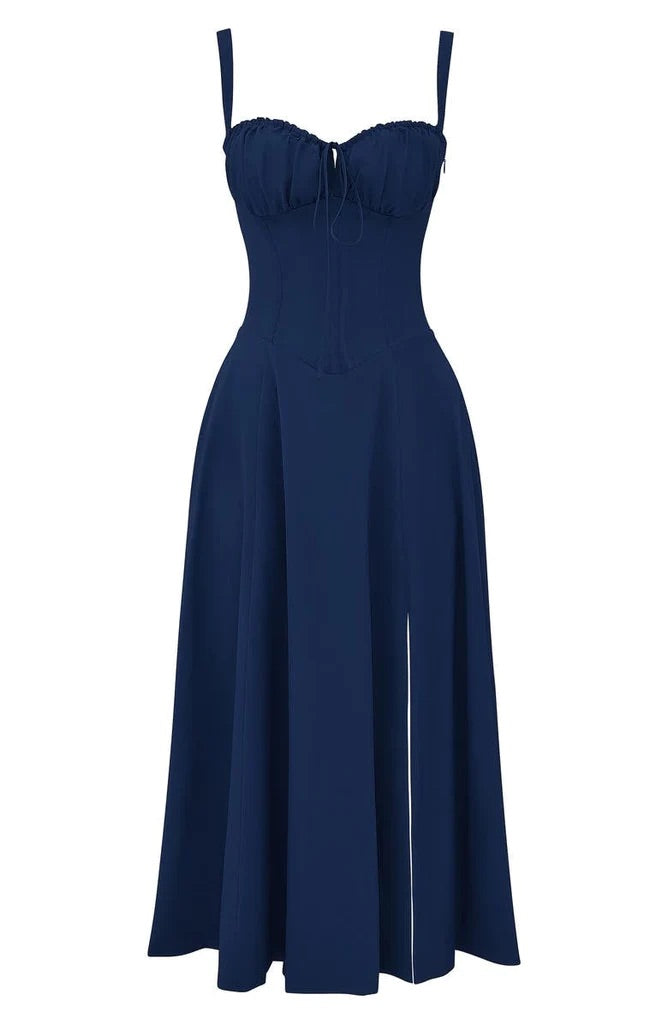 Women's floral blossom midi dress, bustier top and sweetheart neckline, perfect for summer events.