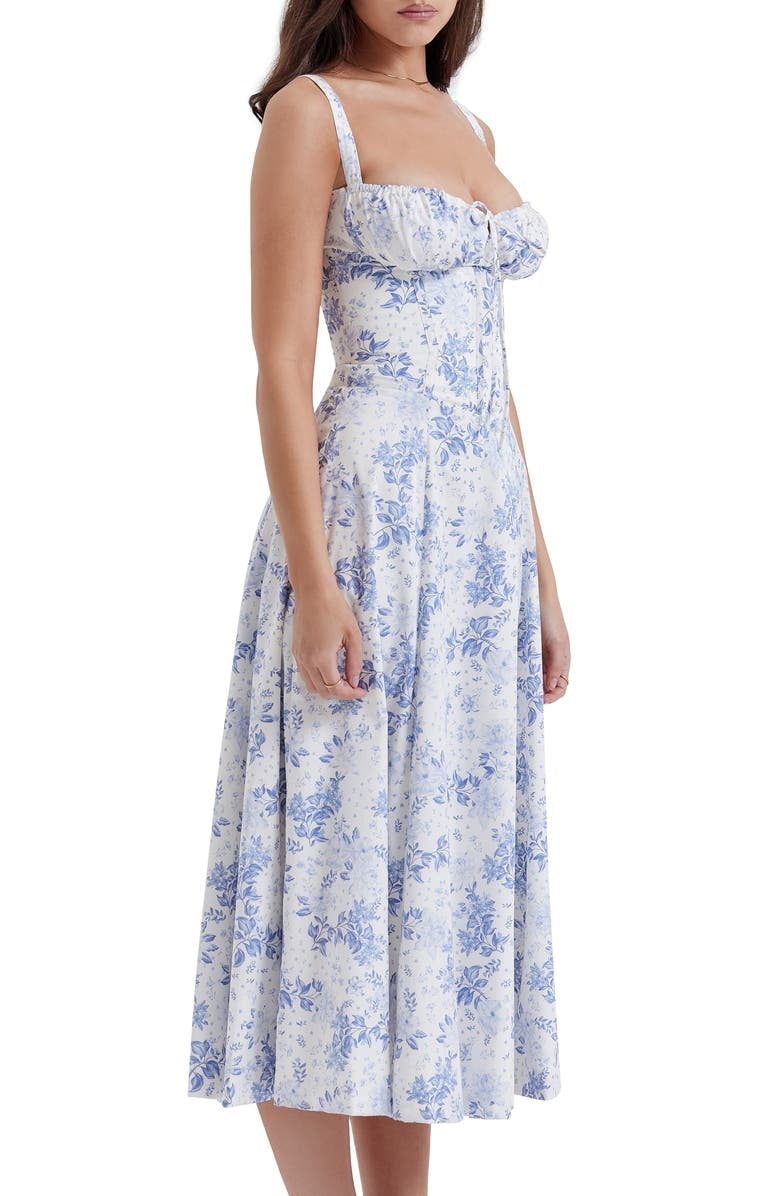 Occasion wear floral bustier midi dress, perfect for women's parties with a fitted silhouette.