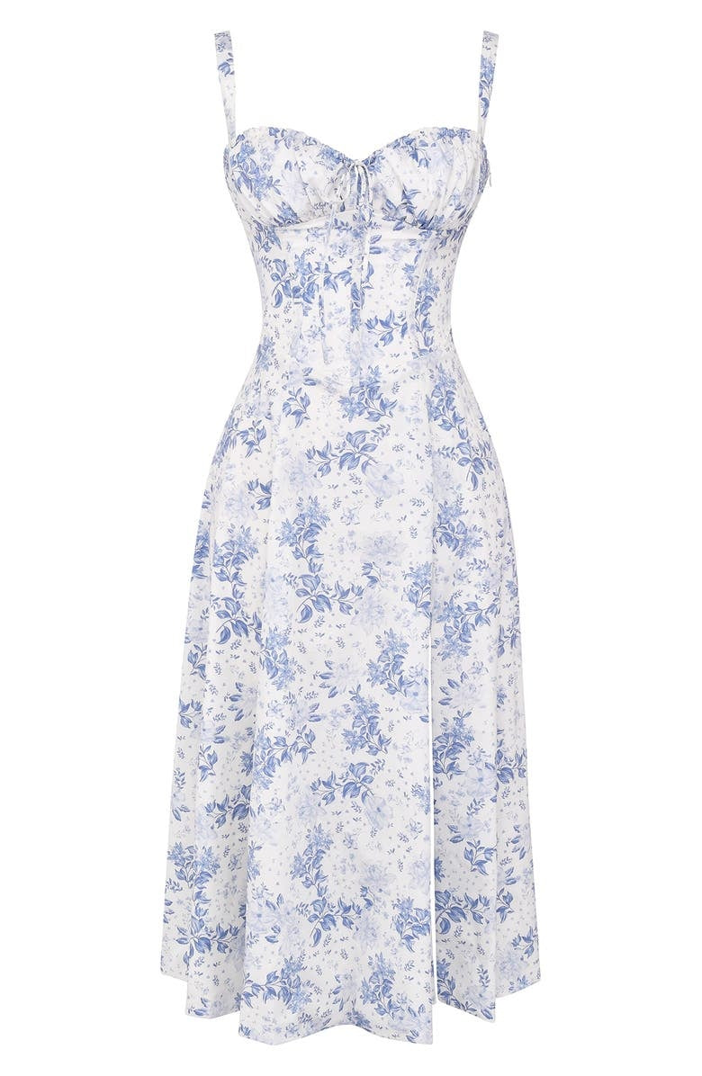 Fitted women's floral dress with bustier and midi length, featuring a lovely blossom print.