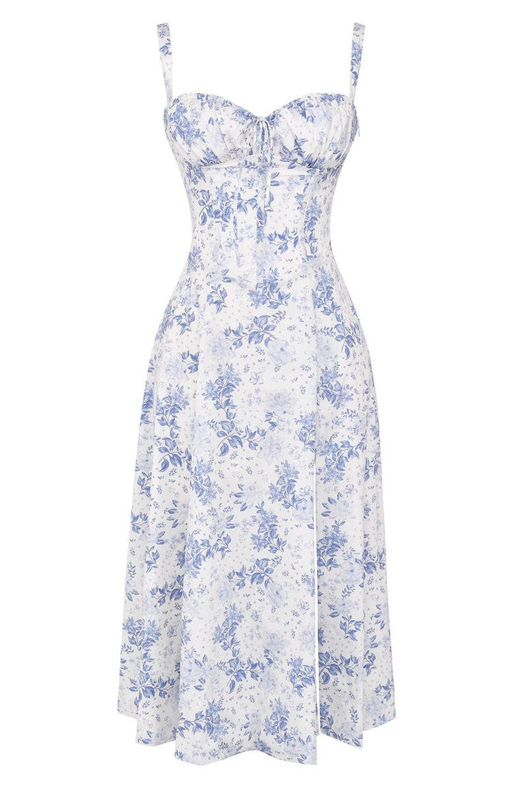Fitted women's floral dress with bustier and midi length, featuring a lovely blossom print.