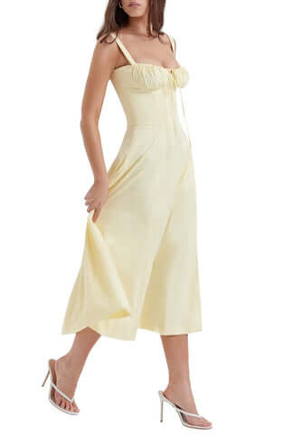 Summer floral dress, women's midi length with a bustier top and beautiful blossom pattern.