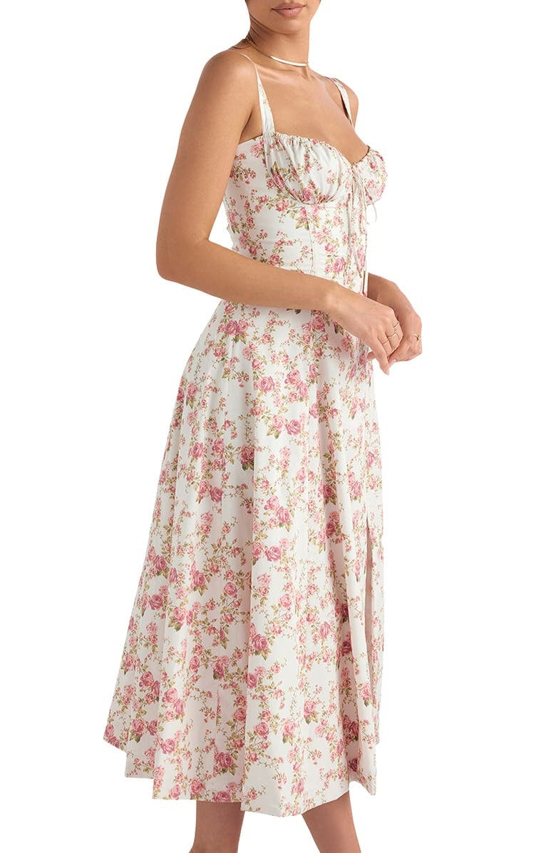 Sleeveless women's floral bustier midi dress, ideal for elegant summer parties and events.