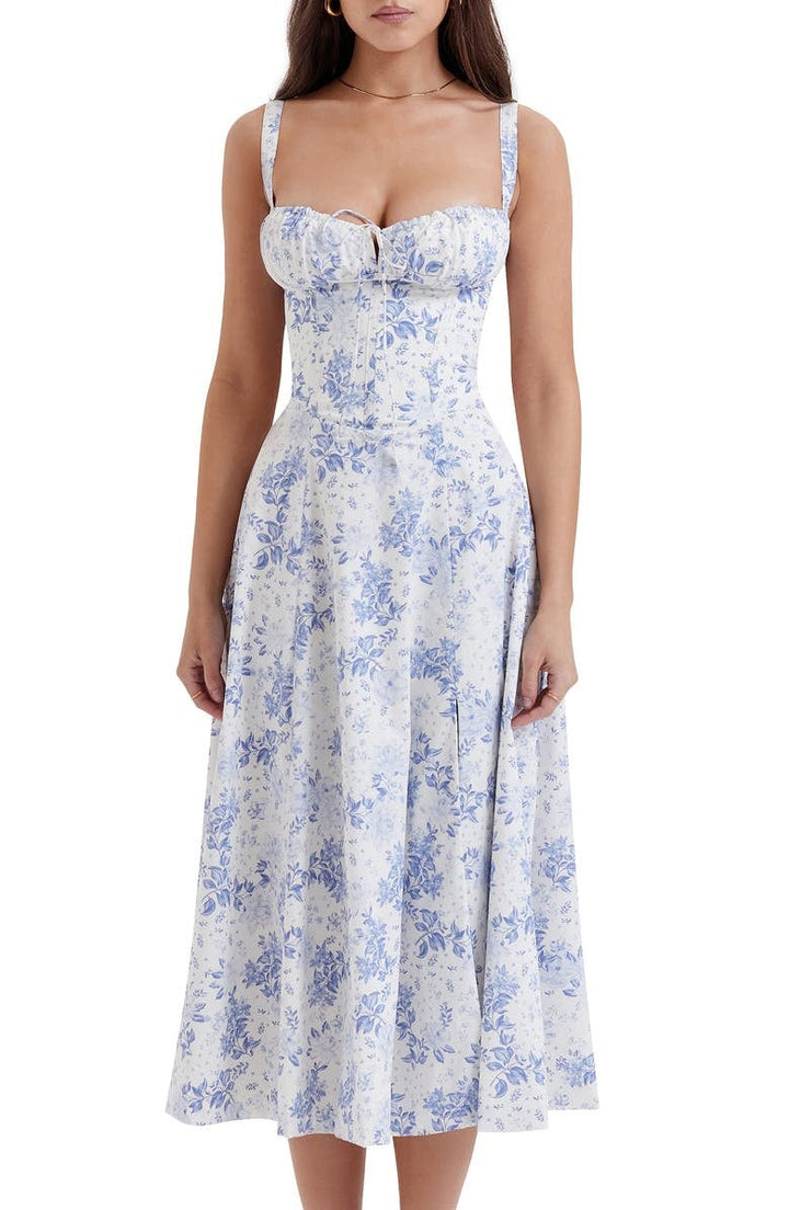 Summer floral midi dress for women, bustier style with a sweetheart neckline and elegant flower print.